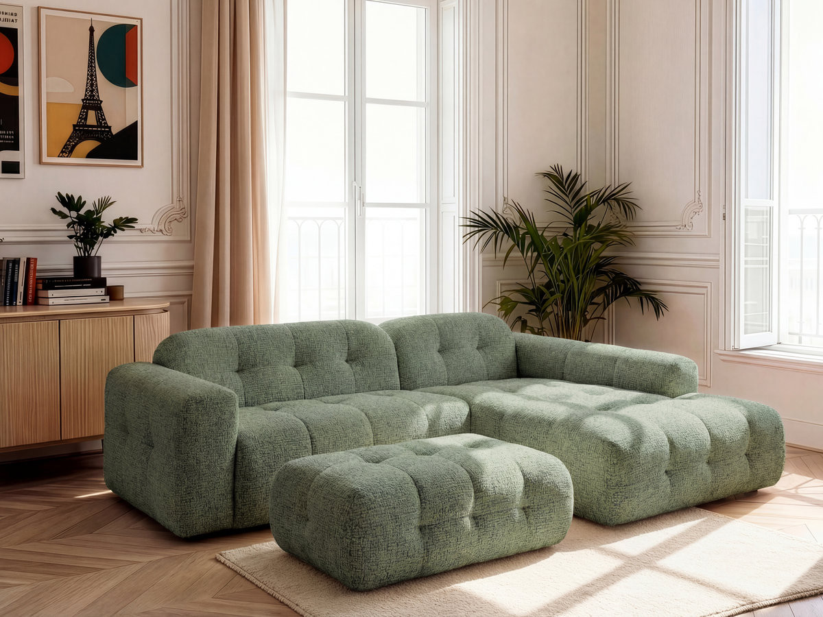 Bobochic Laura Ecksofa mit großem Pouf Melange-Stoff Hellgrün Ecke rechts