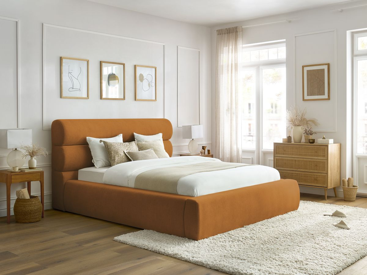 Bobochic Jagna Polsterbett mit Bettkasten Stoff Gelb, Liegefläche 140 × 190 cm