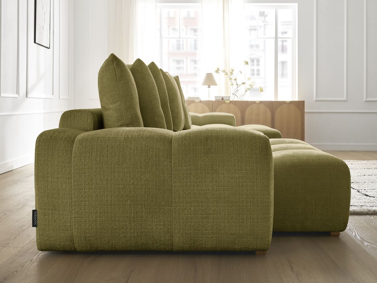Bobochic Anakin Wohnlandschaft, Liegefläche 137 × 382 cm, 10 Kissen Strukturstoff Grün