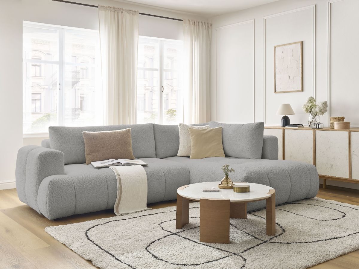 Bobochic Fuji Ecksofa mit Schlaffunktion und Bettkasten 282 × 204 cm Bouclé-Stoff Hellgrau Ecke rechts