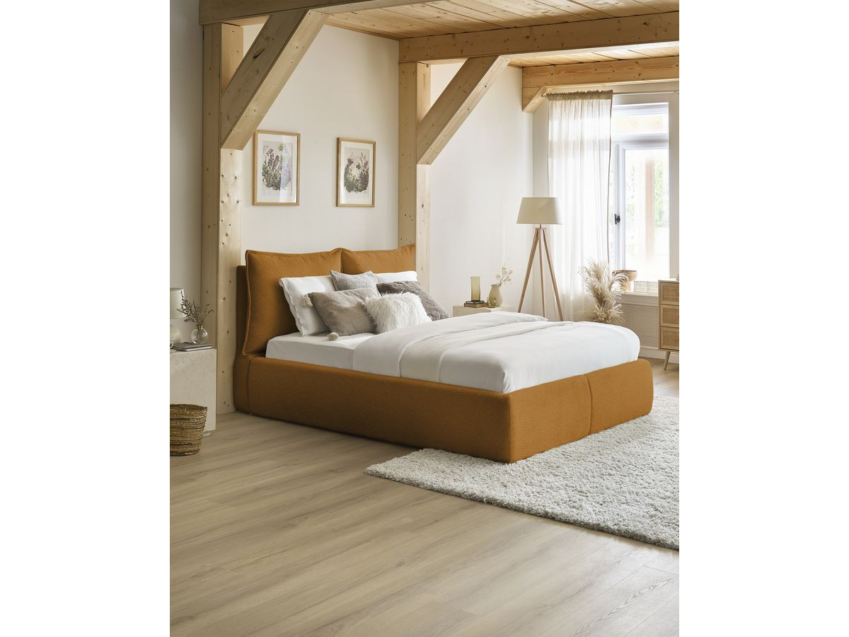 Bobochic Garance Polsterbett mit Bettkasten Bouclé-Stoff Gelb, Liegefläche 140 × 190 cm