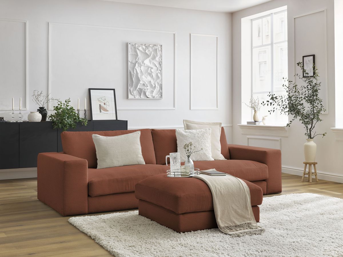 Bobochic Leonard Sofa 4-Sitzer mit Pouf 234 × 109 cm Cordsamt Orange