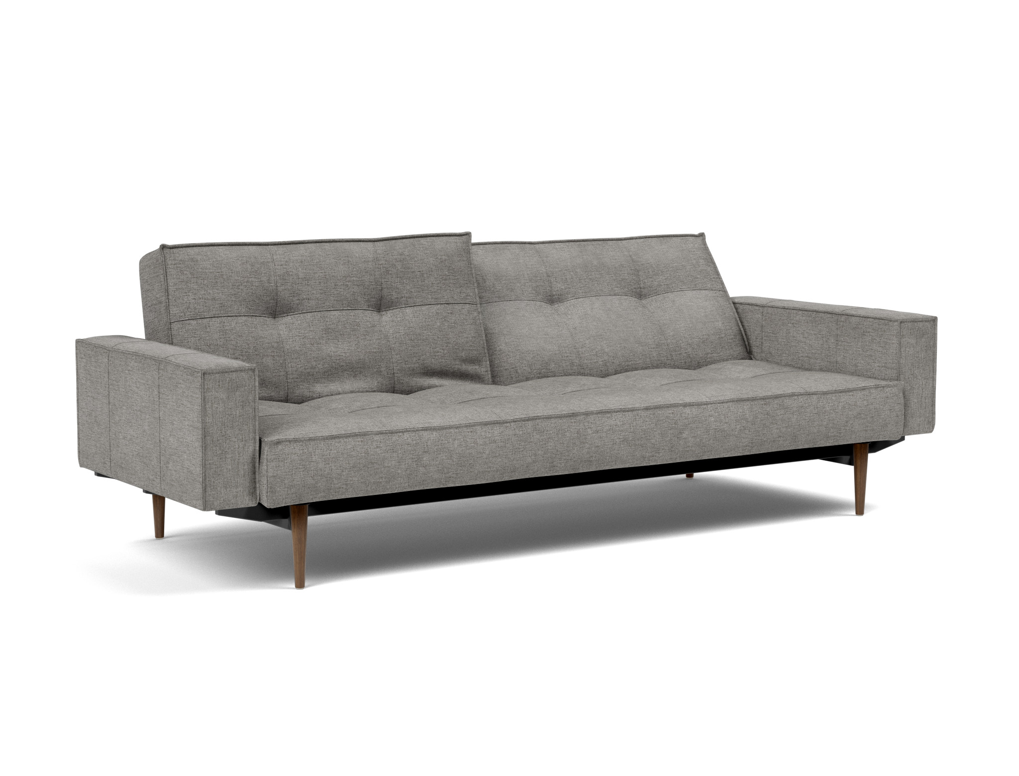 Schlafsofa Splitback mit Armlehnen Flachgewebe Avella 282-Warm-Grey Beine Styletto Eiche dunkel