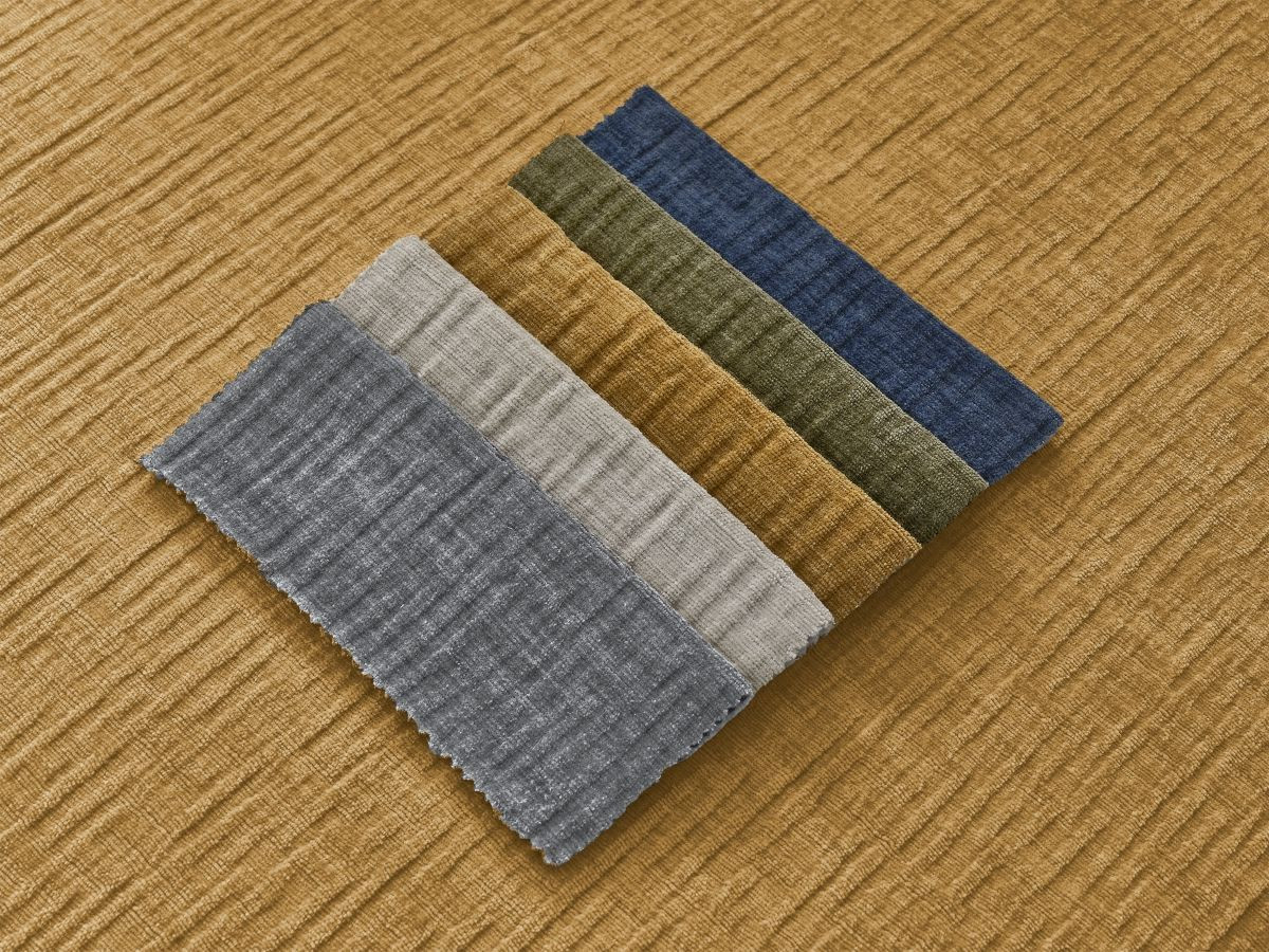 Bobochic Atilla Ecksofa mit Schlaffunktion und Bettkasten und Pouf Strukturstoff Gelb Ecke links