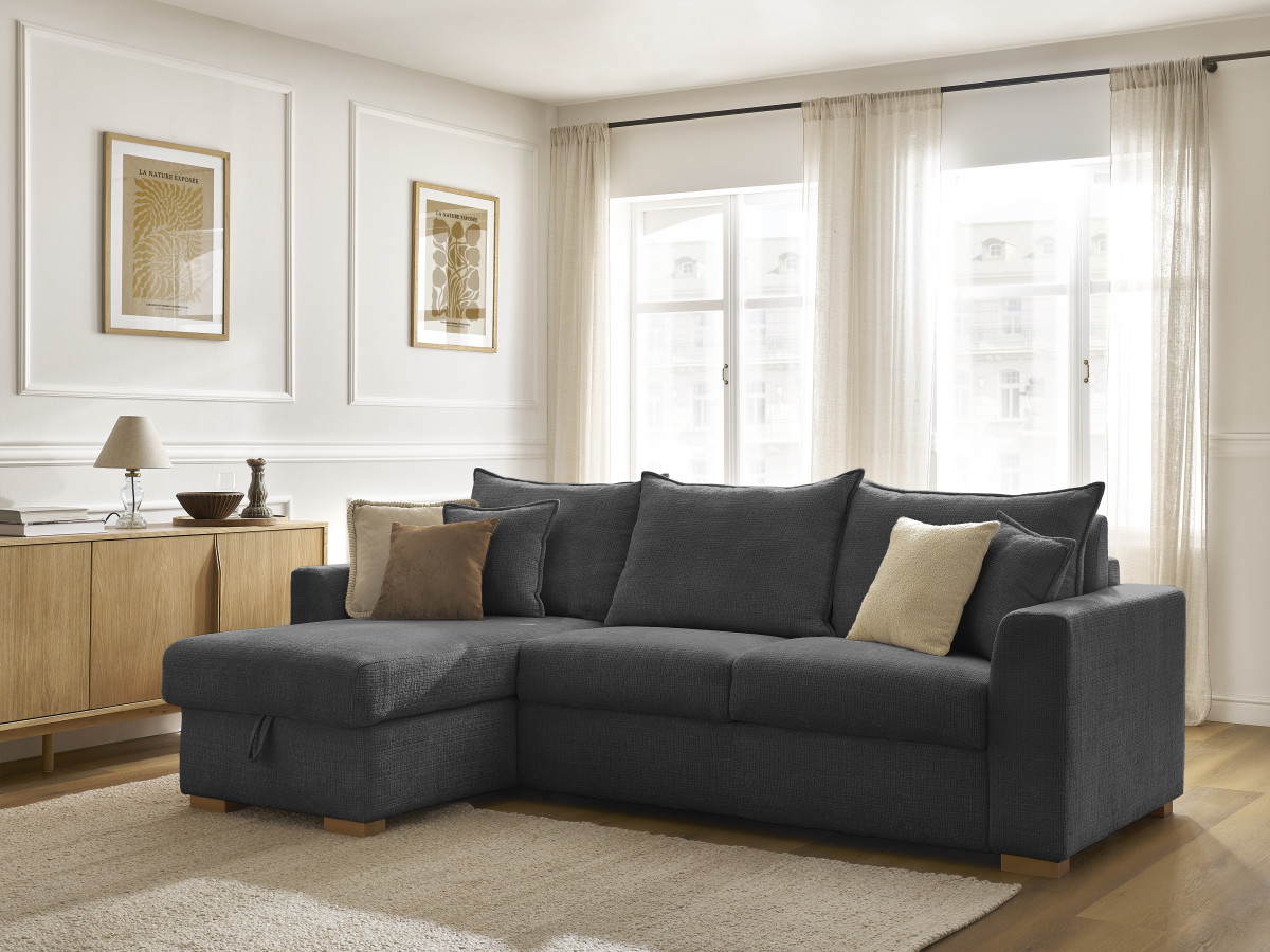 Bobochic Augustin Ecksofa mit Schlaffunktion und Bettkasten Strukturstoff Schwarz, Liegefläche 140 × 200 cm