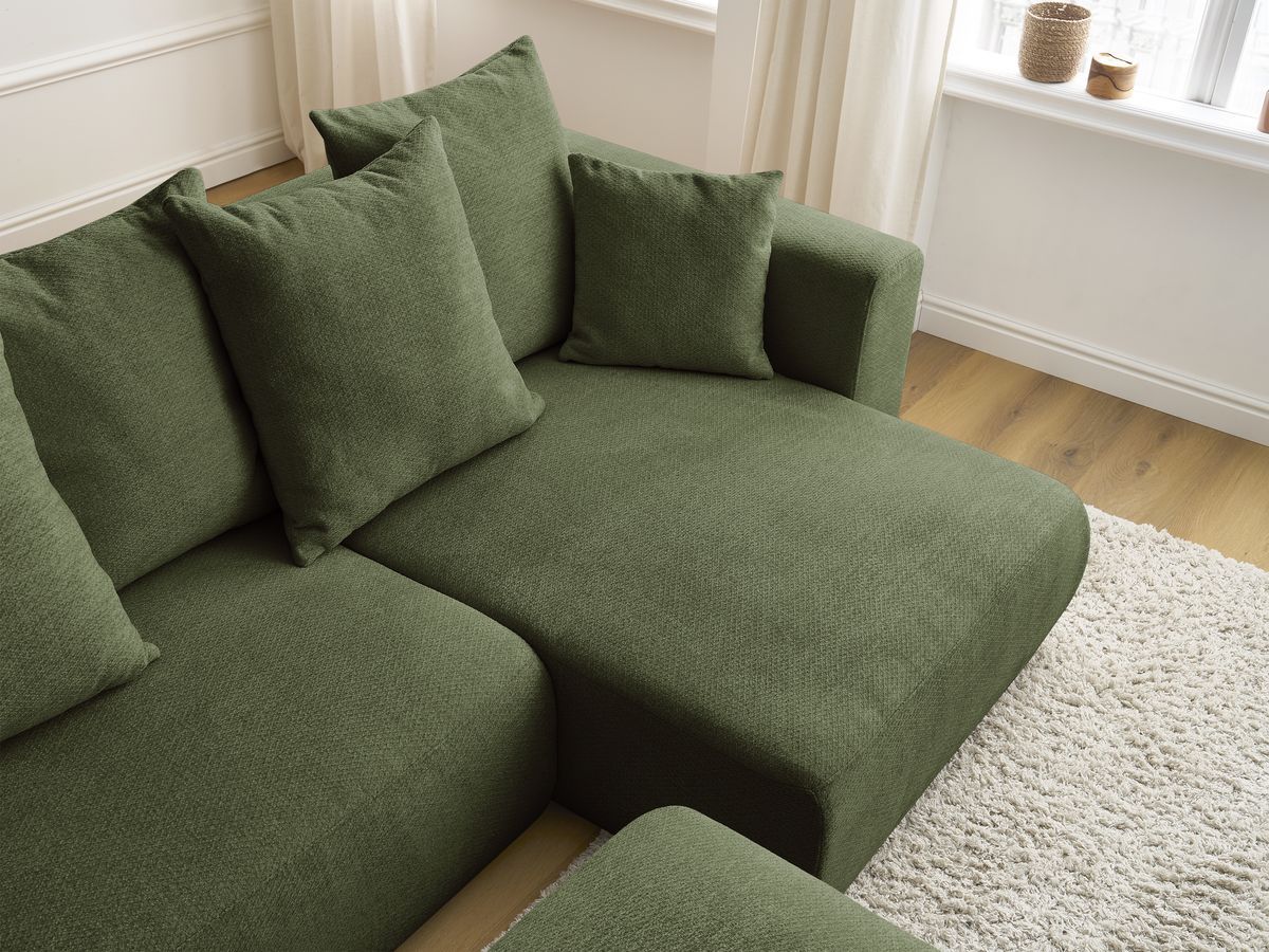 Bobochic Sidonie Ecksofa mit Schlaffunktion und Bettkasten und Pouf Melange-Stoff Grün
