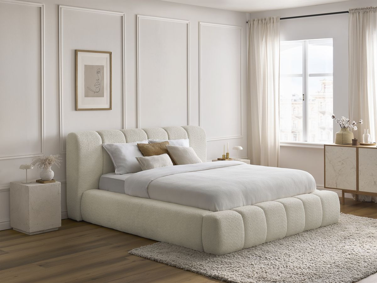Bobochic Denali Polsterbett mit Bettkasten Bouclé-Stoff Weiß, Liegefläche 140 × 190 cm