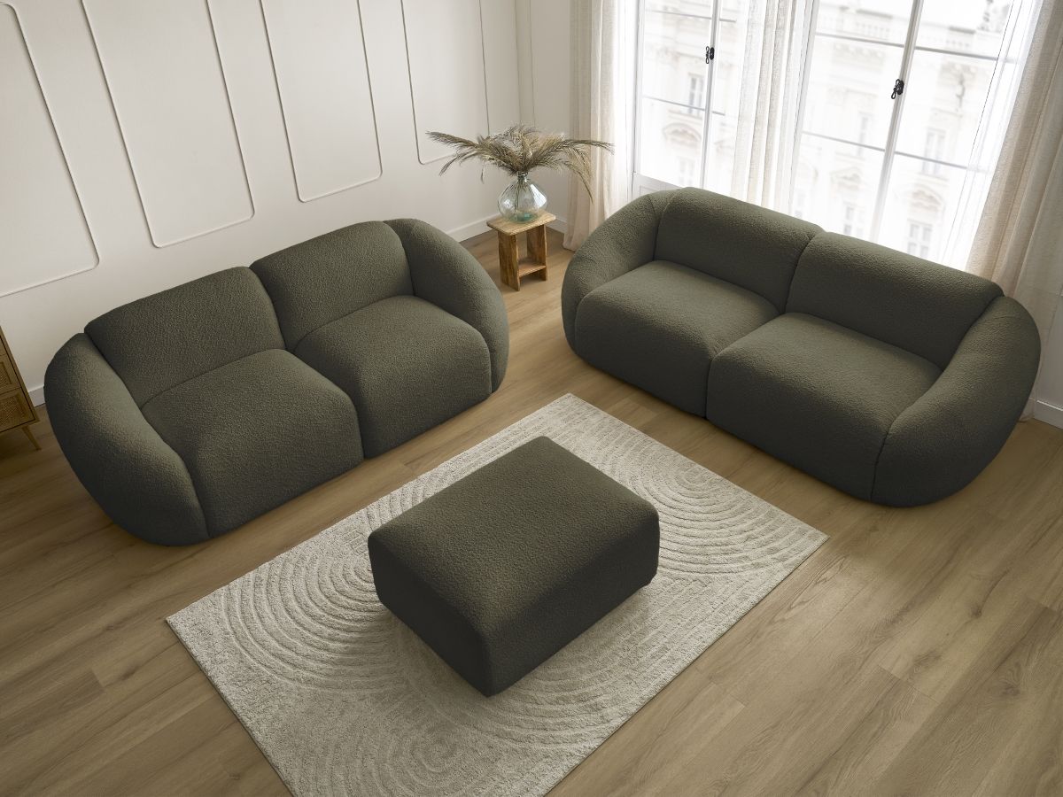 Bobochic Tina Sofa 6-Sitzer mit Pouf Bouclé-Stoff Grün