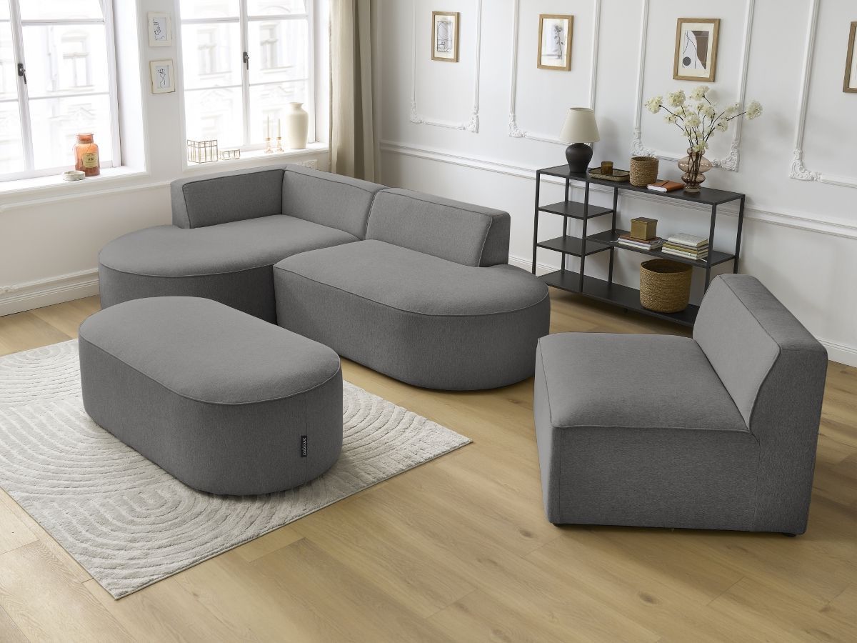 Bobochic Rousseau Ecksofa mit Sofamodul und Pouf Melange-Stoff Dunkelgrau Ecke links