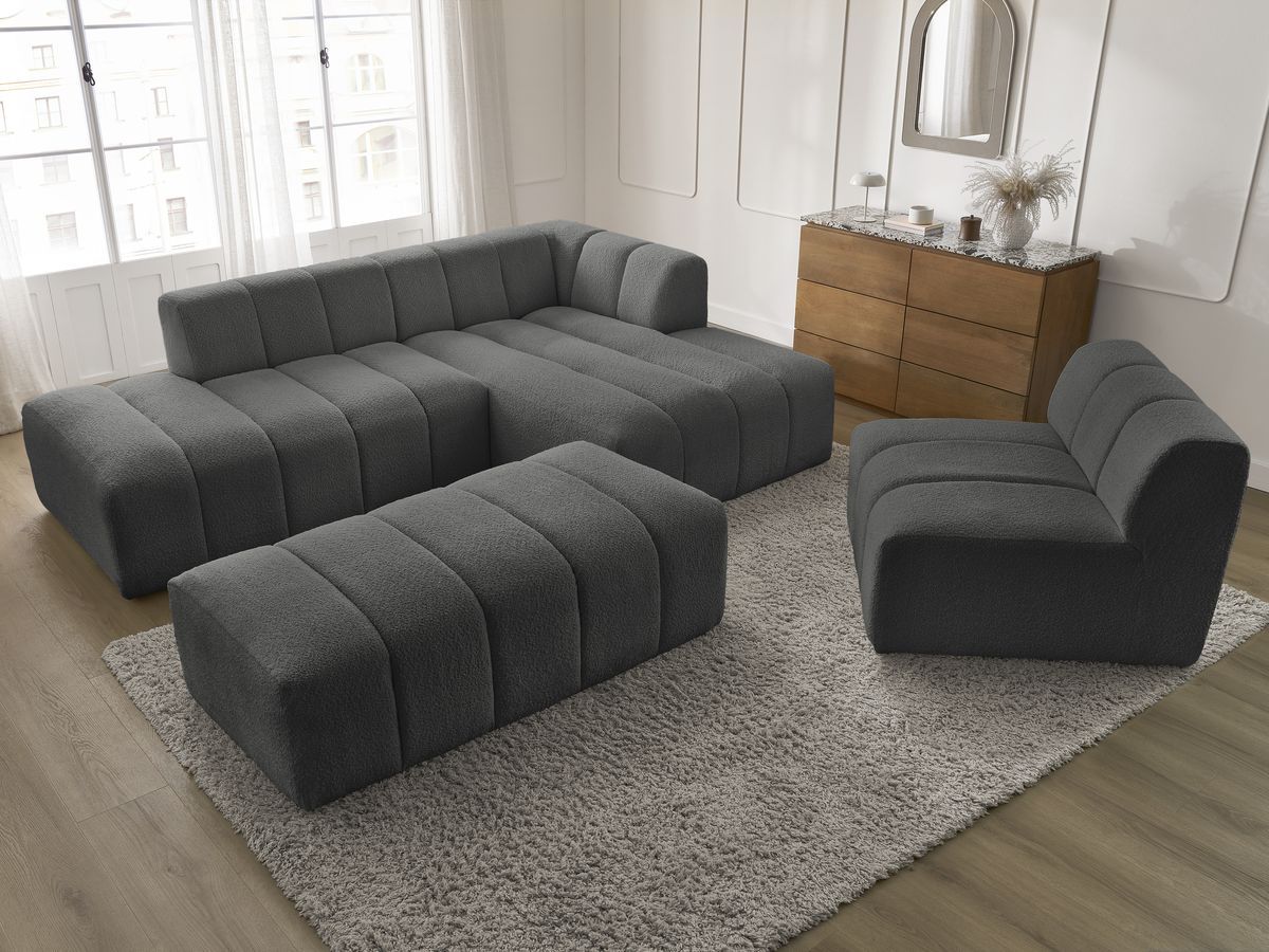 Bobochic Annecy Ecksofa mit Sofamodul und Pouf Bouclé-Stoff Dunkelgrau Ecke rechts