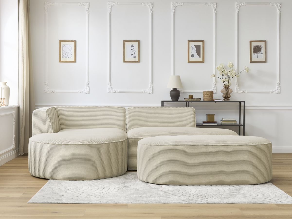 Bobochic Rousseau Ecksofa mit Pouf Cordsamt Beige Ecke links