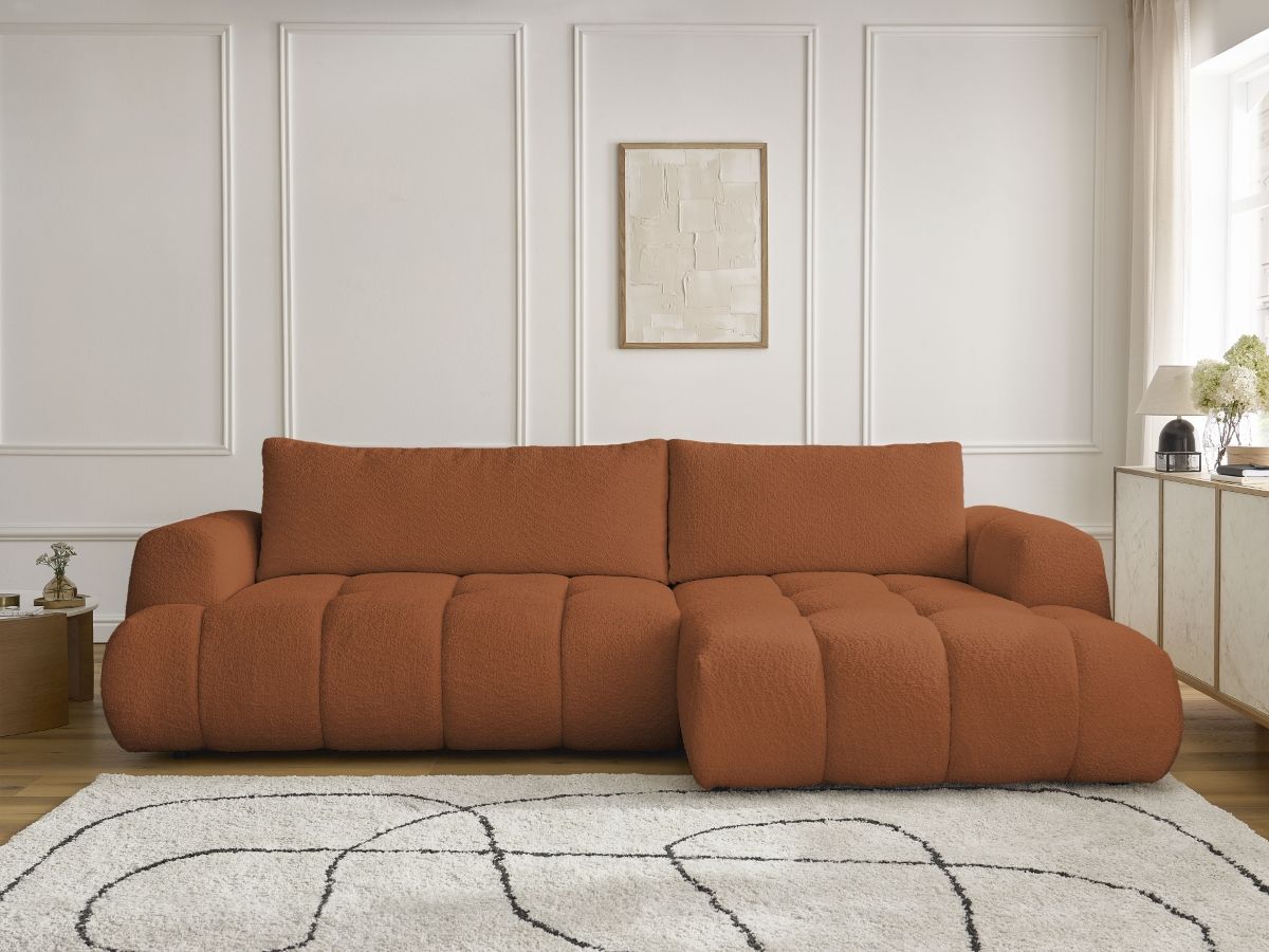 Bobochic Fuji Ecksofa mit Schlaffunktion und Bettkasten 292 × 160 cm Bouclé-Stoff Orange Ecke rechts