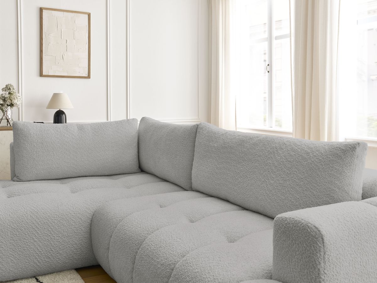 Bobochic Fuji Ecksofa mit Schlaffunktion und Bettkasten 282 × 204 cm Bouclé-Stoff Hellgrau Ecke links