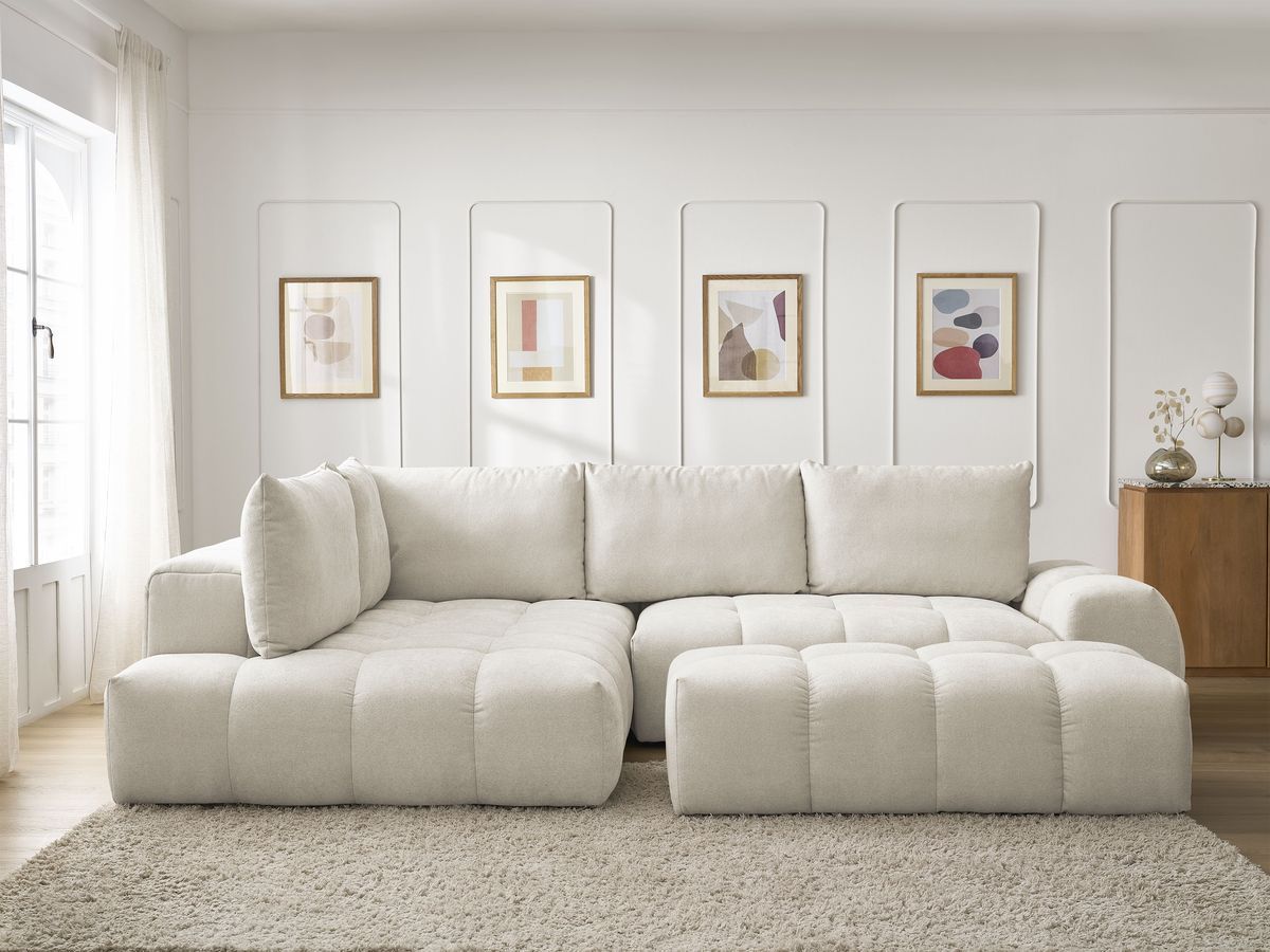 Bobochic Everest Ecksofa mit Schlaffunktion und Bettkasten und Pouf 320 × 212 cm, 5 Kissen Strukturstoff Beige Ecke links