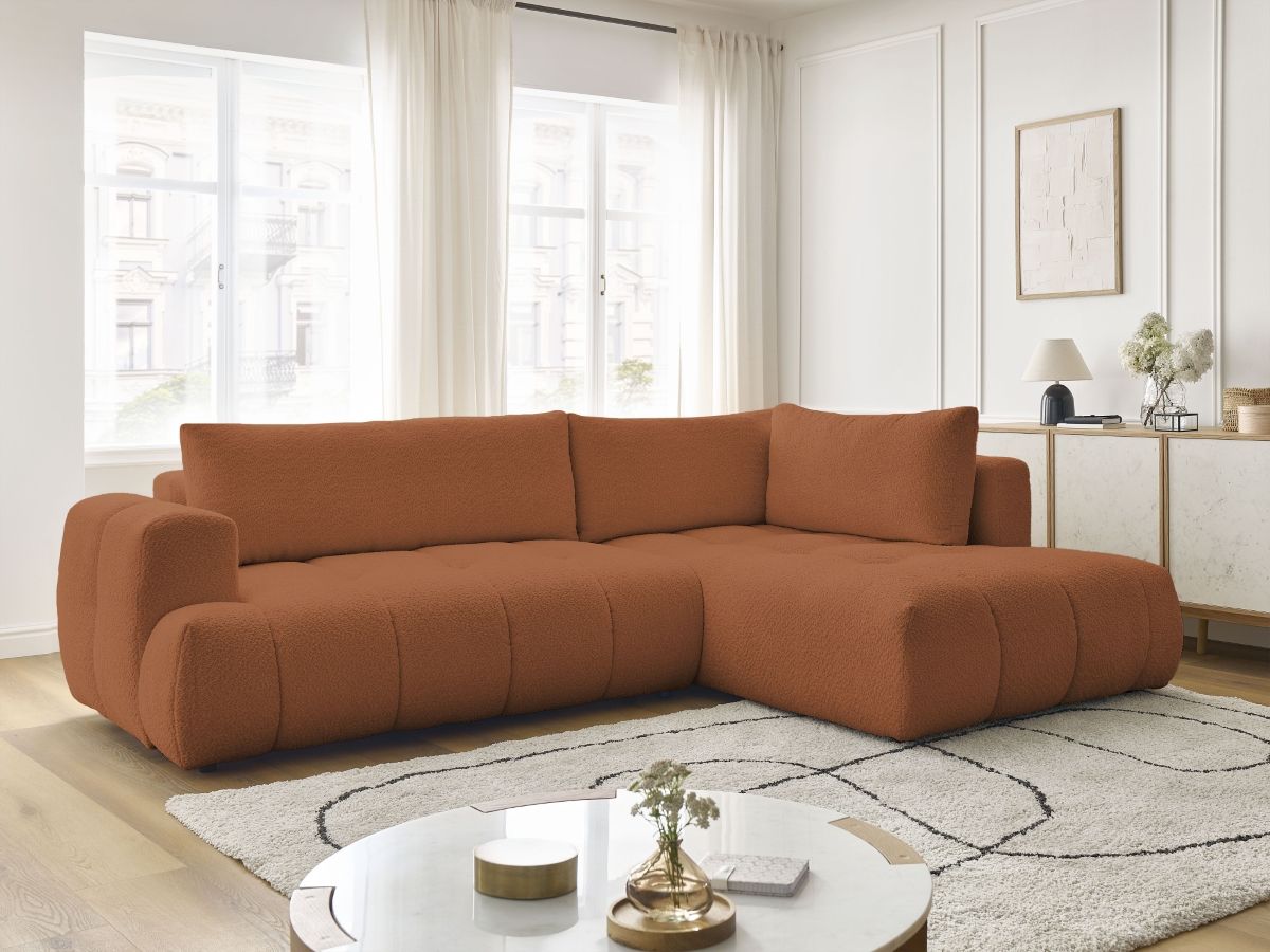 Bobochic Fuji Ecksofa mit Schlaffunktion und Bettkasten 282 × 204 cm Bouclé-Stoff Orange Ecke rechts