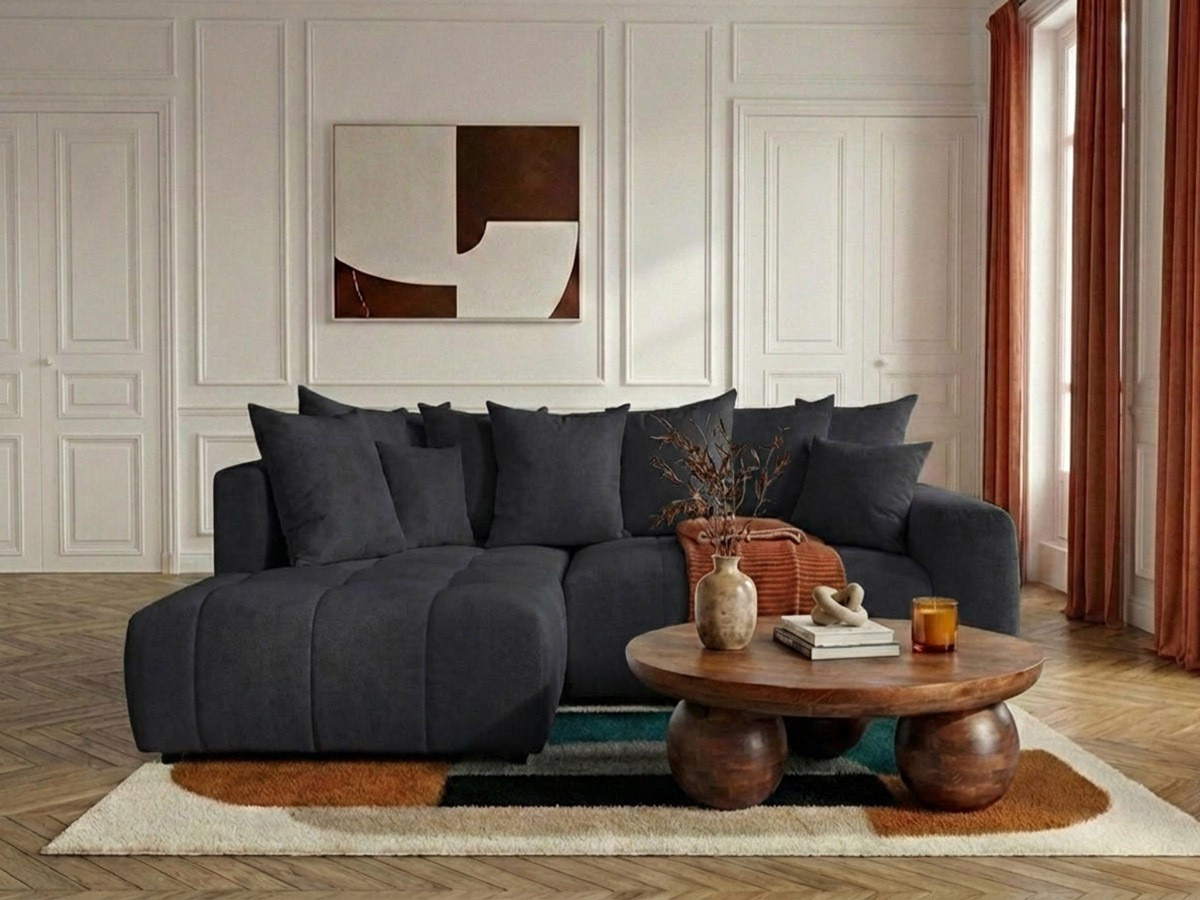 Bobochic Roxelane Ecksofa mit Schlaffunktion und Bettkasten Melange-Stoff Dunkelgrau Ecke links
