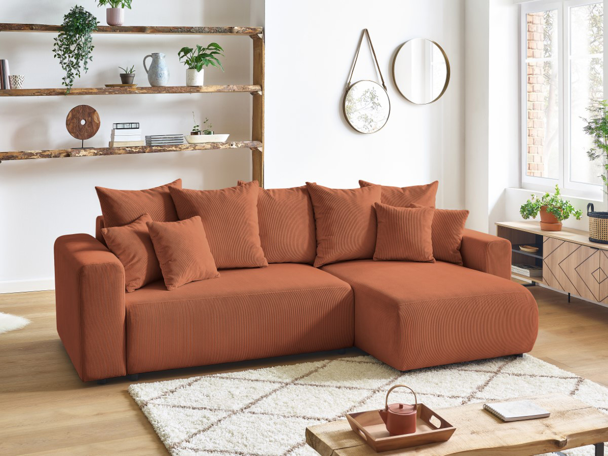 Bobochic Envy Ecksofa mit Schlaffunktion und Bettkasten Cordsamt Orange