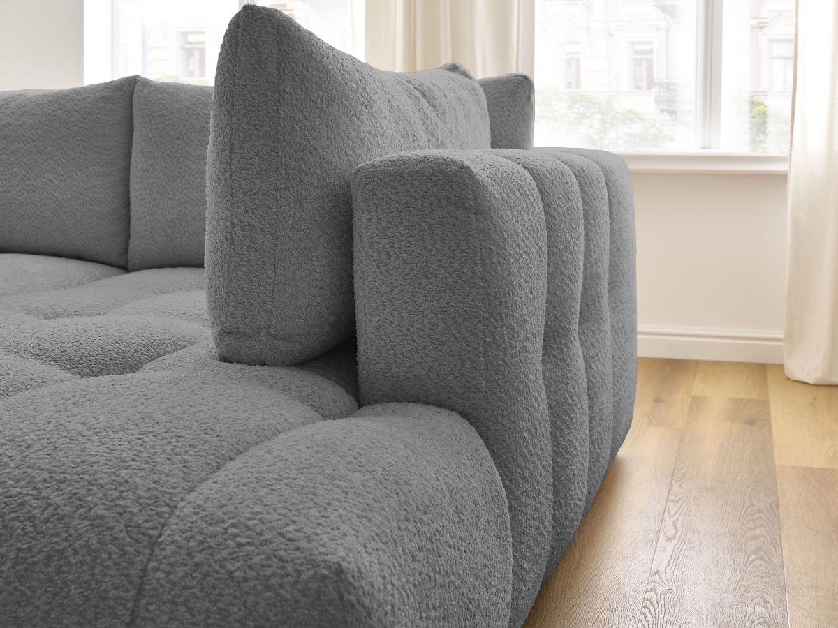 Bobochic Fuji Ecksofa mit Schlaffunktion und Bettkasten und Pouf 282 × 204 cm Bouclé-Stoff Dunkelgrau Ecke rechts