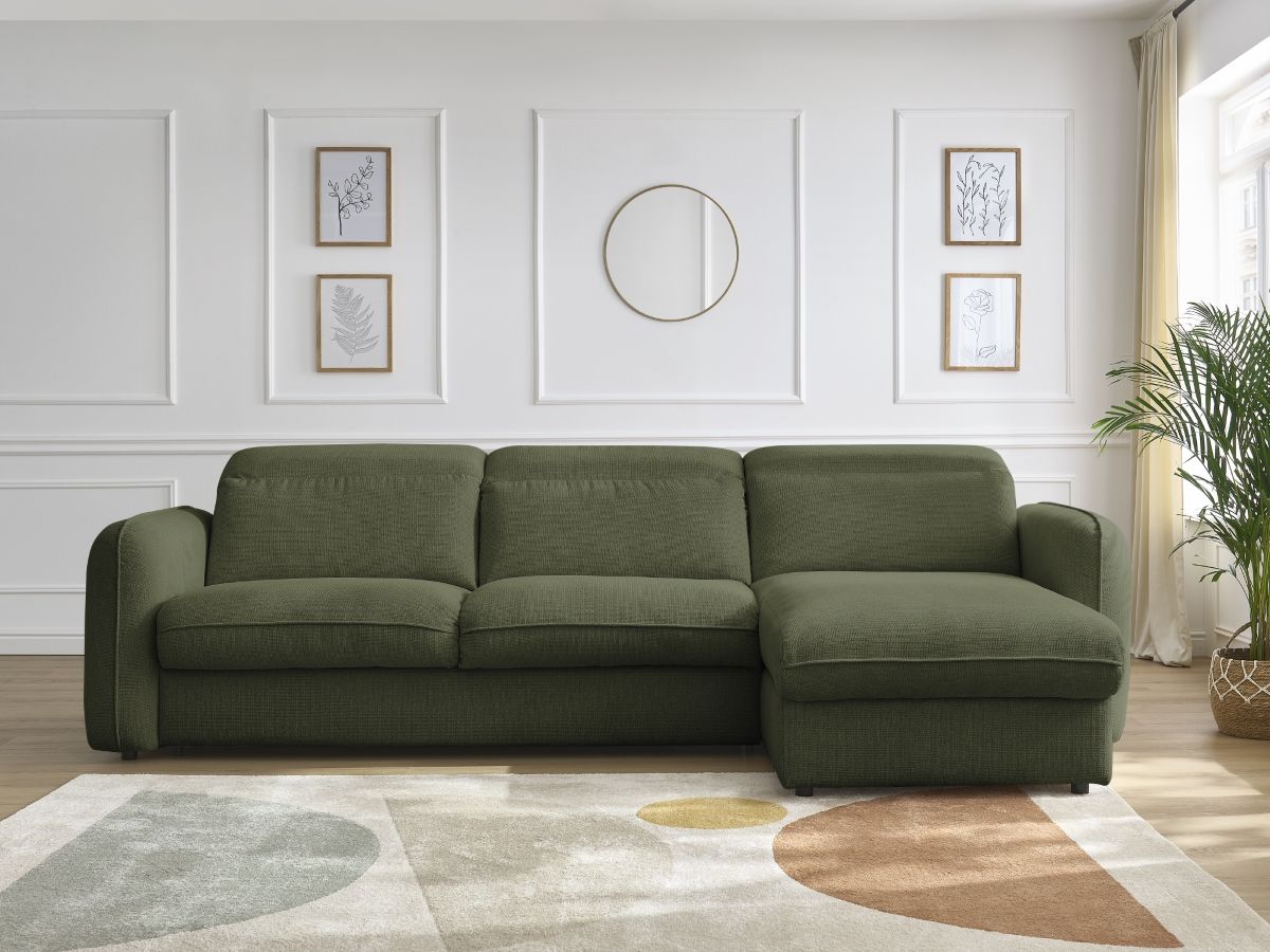 Bobochic Achille Ecksofa mit Schlaffunktion und Bettkasten Melange-Stoff Grün, Liegefläche 160 × 200 cm