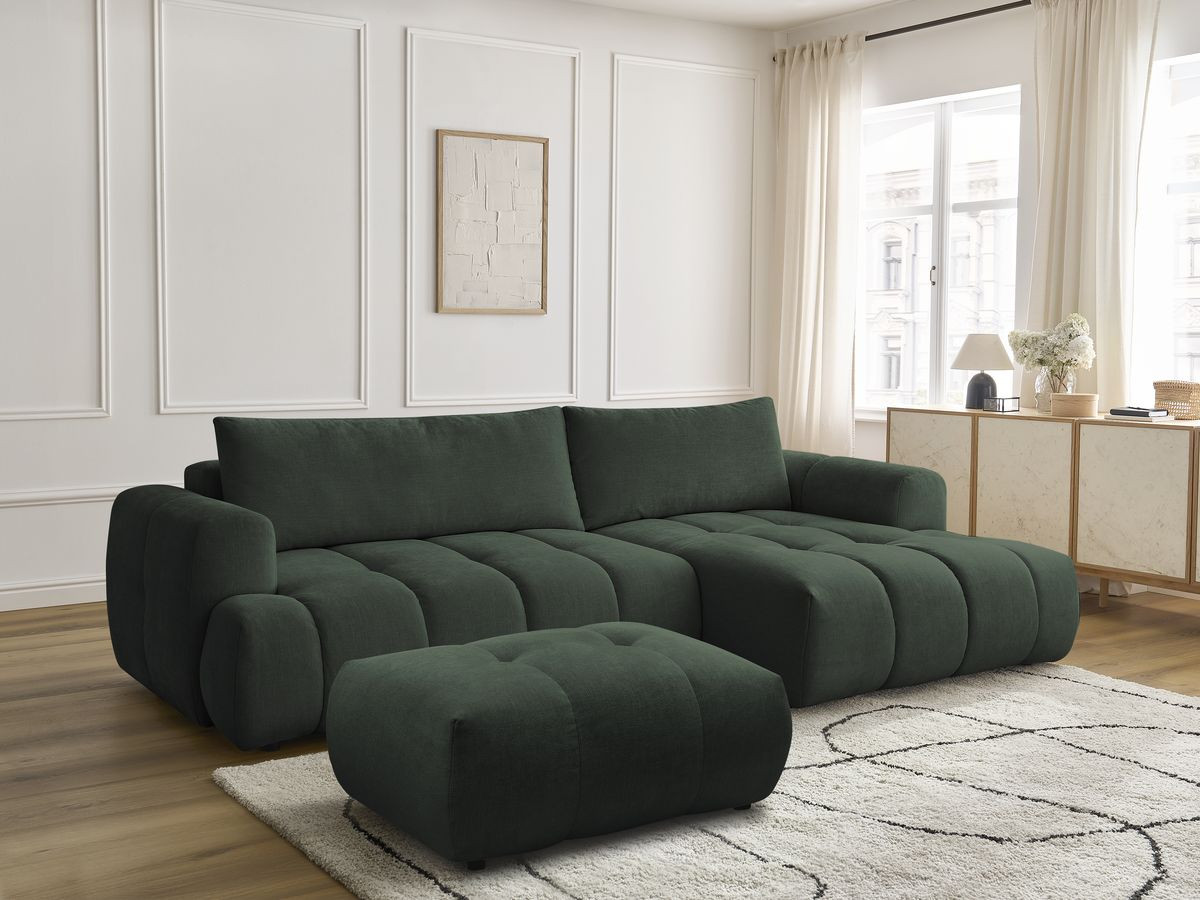 Bobochic Fuji Ecksofa mit Schlaffunktion und Bettkasten und Pouf 292 × 160 cm Stoff Grün Ecke rechts