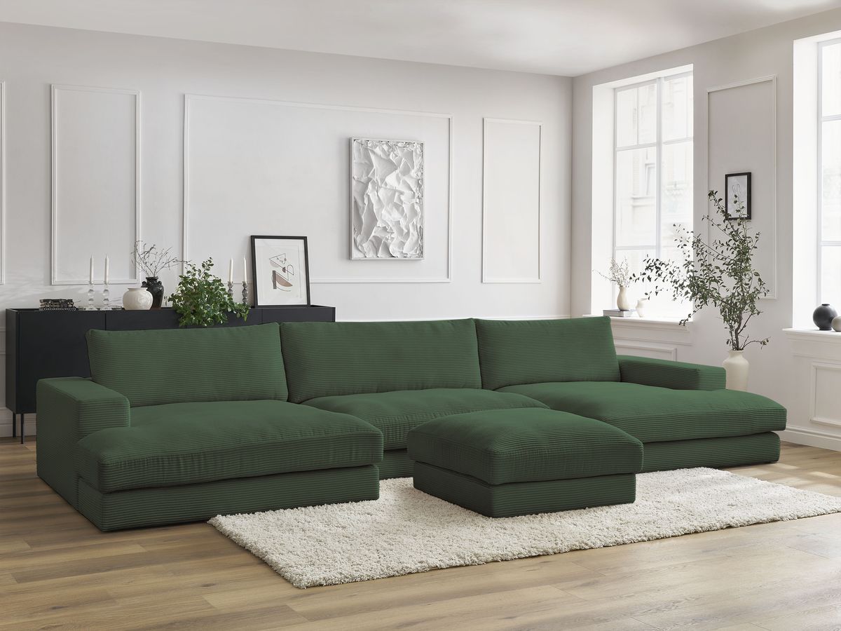 Bobochic Leonard Wohnlandschaft mit Pouf 349 × 159 cm Cordsamt Dunkelgrün