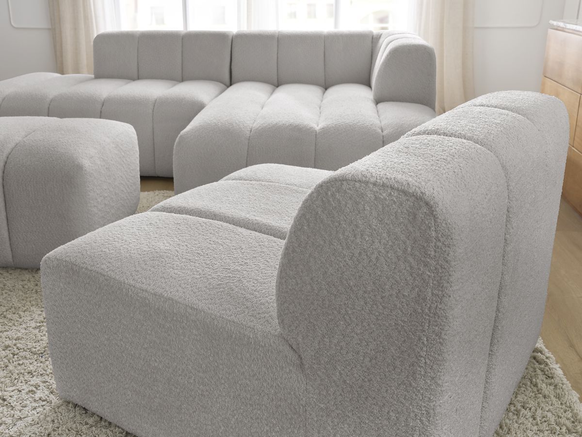 Bobochic Annecy Ecksofa mit Sofamodul und Pouf Bouclé-Stoff Hellgrau Ecke rechts