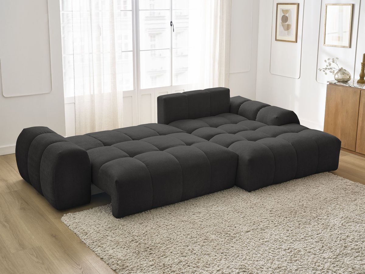Bobochic Everest Ecksofa mit Schlaffunktion und Bettkasten 318 × 180 cm, 3 Kissen Strukturstoff Schwarz Ecke rechts