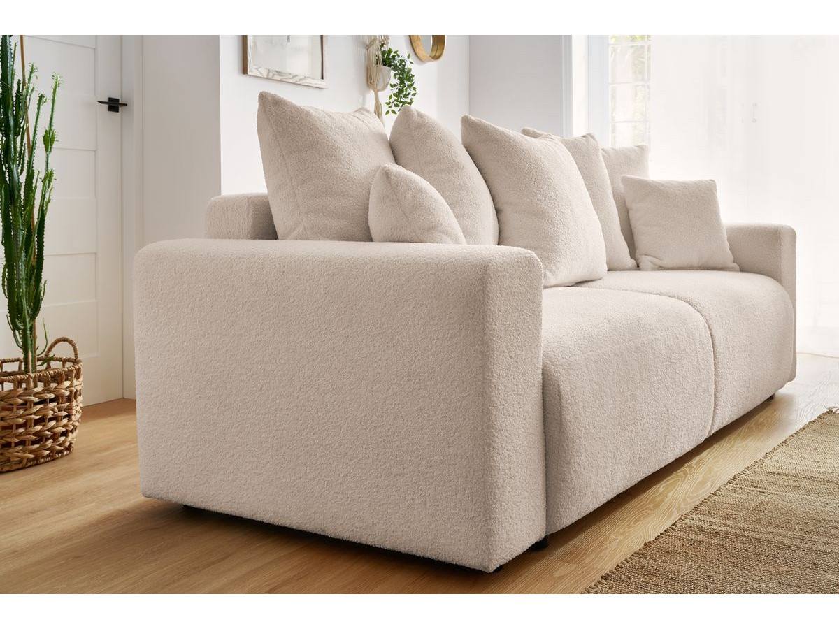 Bobochic Envy Schlafsofa 3-Sitzer mit Bettkasten und rechteckigem Pouf Bouclé-Stoff Beige