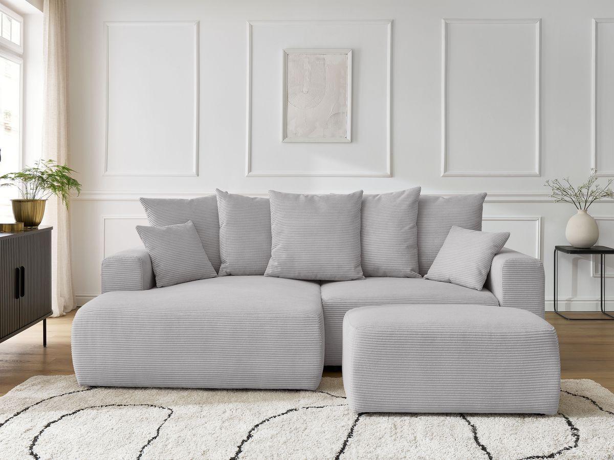 Bobochic Atilla Ecksofa mit Schlaffunktion und Bettkasten und Pouf Cordsamt Hellgrau Ecke links
