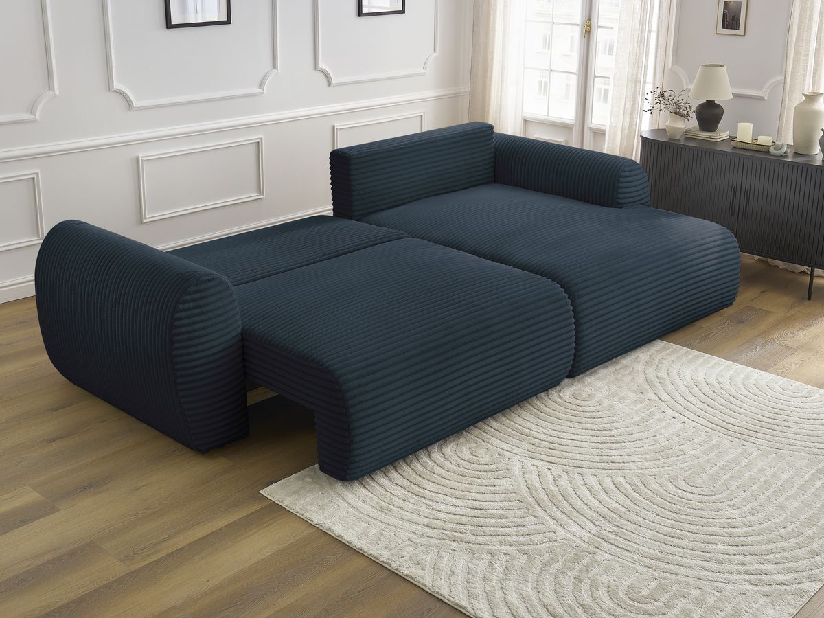 Bobochic Lucien Ecksofa mit Schlaffunktion und Bettkasten 314 × 167 cm Breitcord weich Dunkelblau Ecke rechts