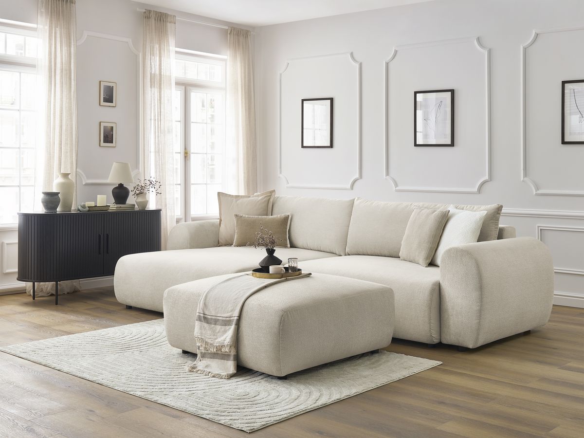 Bobochic Lucien Ecksofa mit Schlaffunktion und Bettkasten und Pouf 314 × 167 cm Stoff Beige Ecke links