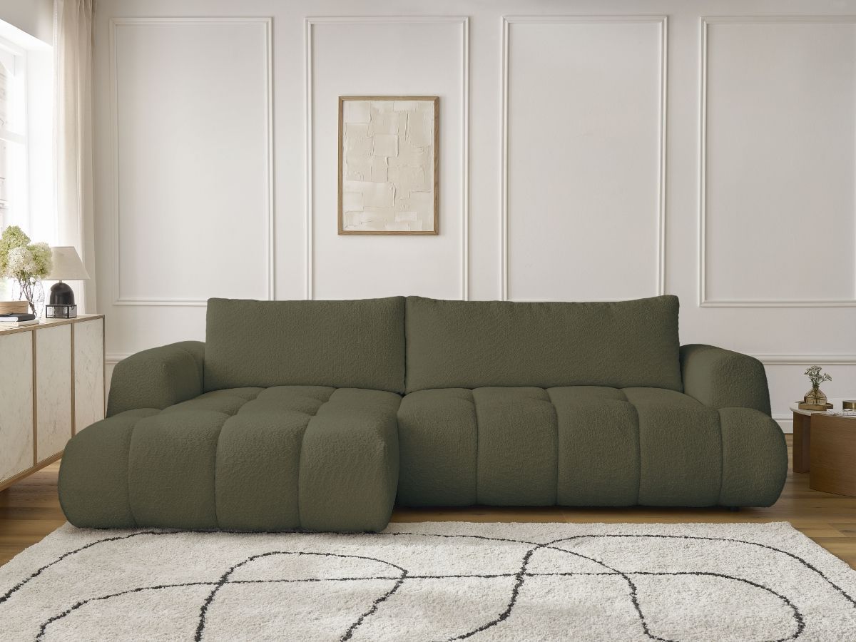 Bobochic Fuji Ecksofa mit Schlaffunktion und Bettkasten 292 × 160 cm Bouclé-Stoff Grün Ecke links