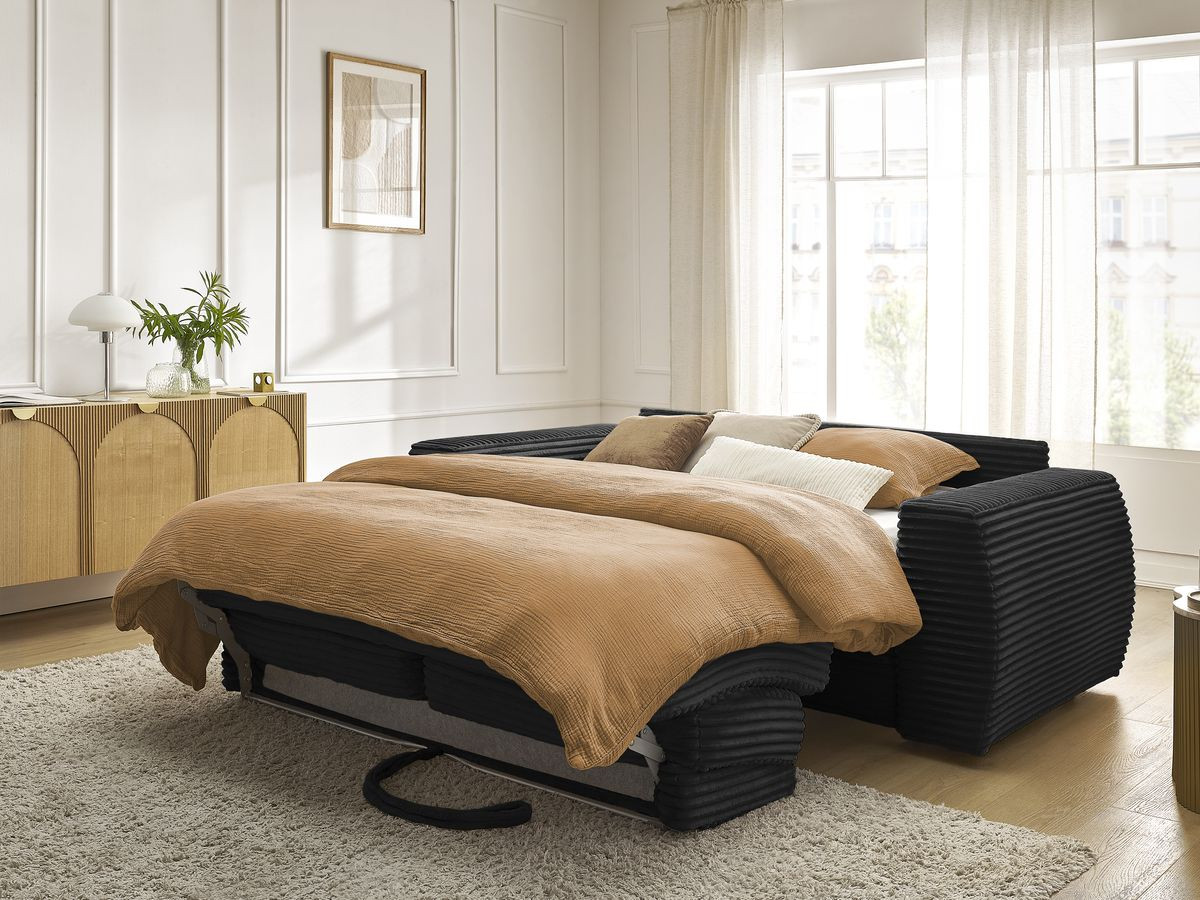 Bobochic Hugo Schlafsofa 3-Sitzer Cordsamt Schwarz, Liegefläche 140 × 190 cm