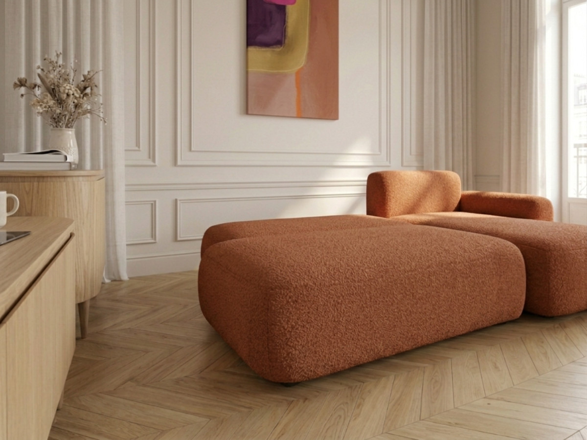 Bobochic Tango Ecksofa mit Schlaffunktion und Bettkasten Bouclé-Stoff Orange Ecke rechts