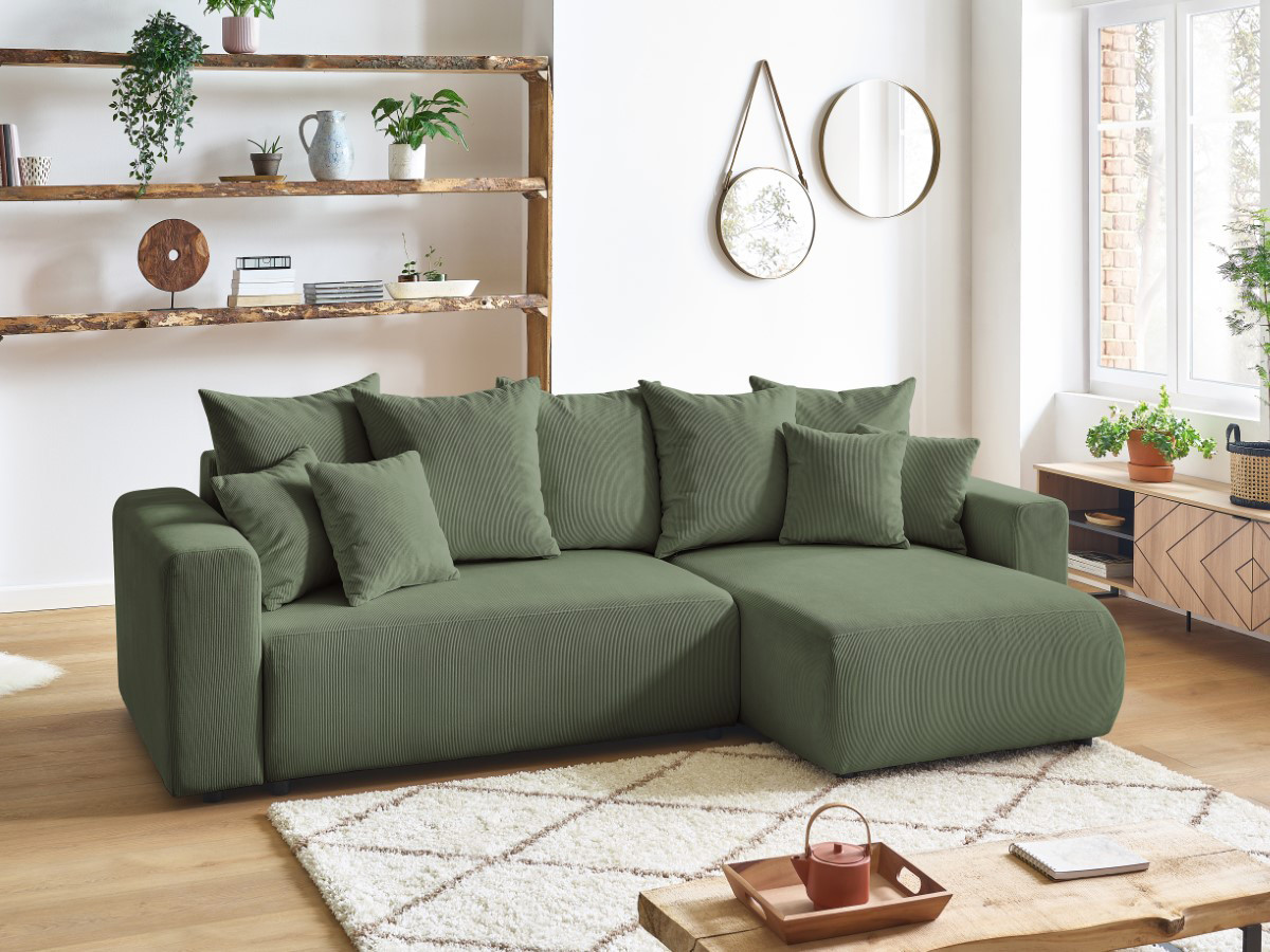 Bobochic Envy Ecksofa mit Schlaffunktion und Bettkasten Cordsamt Grün