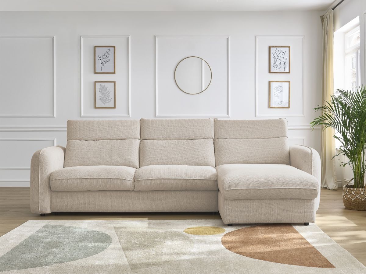 Bobochic Achille Ecksofa mit Schlaffunktion und Bettkasten Melange-Stoff Beige, Liegefläche 160 × 200 cm