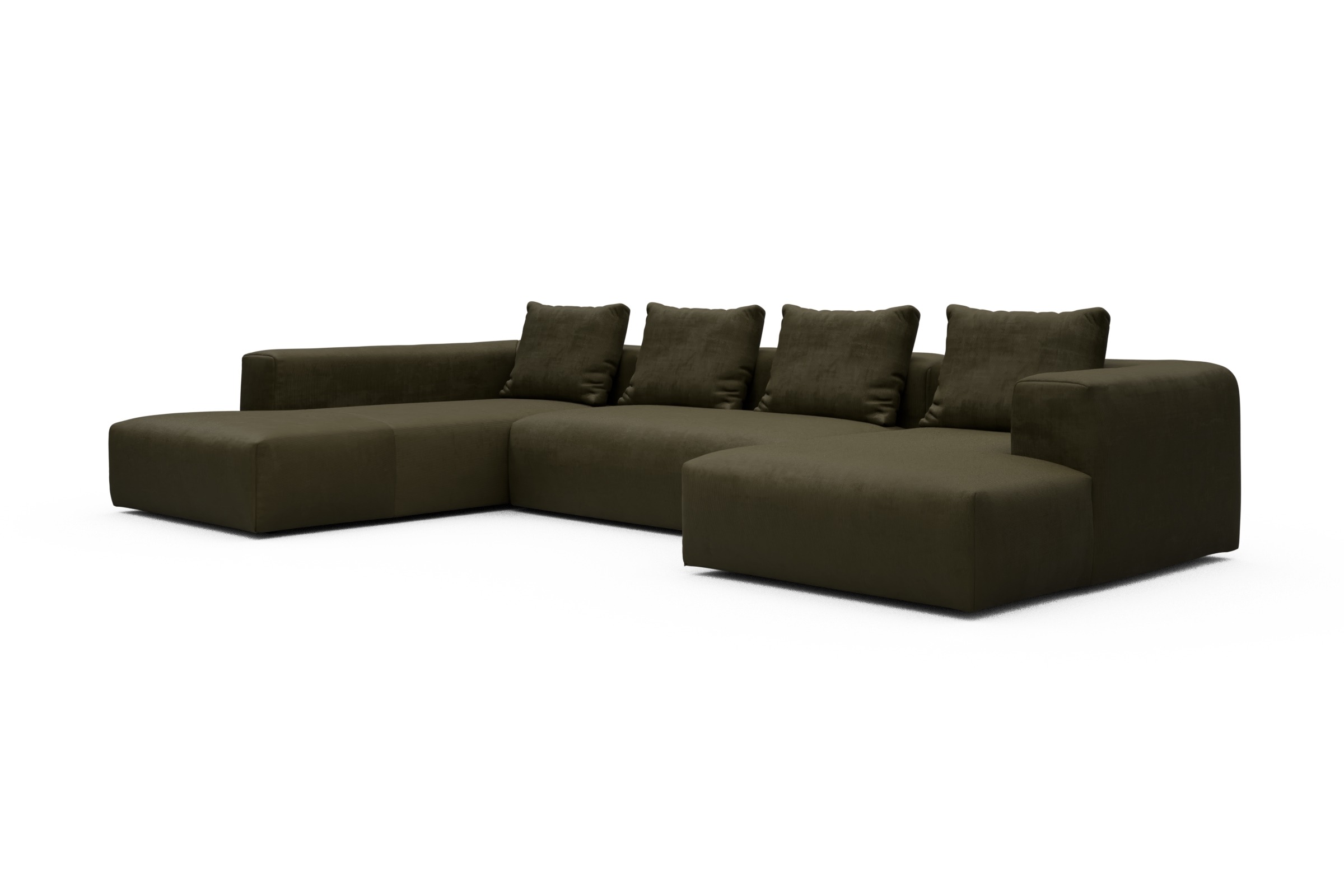 Wohnlandschaft Fred Relax-Ecke links mit 2-Sitzer und Chaiselongue rechts Kord Cordufine 316-Pine-Green