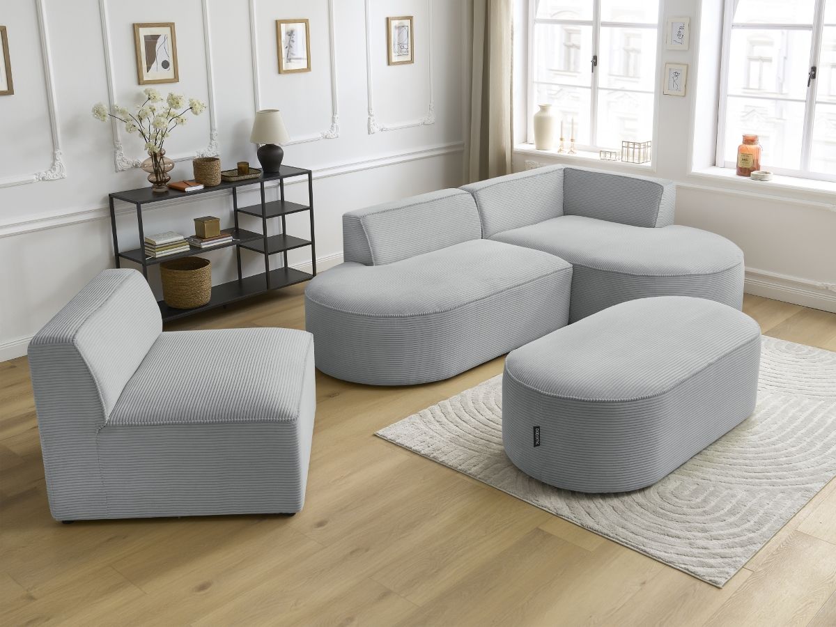 Bobochic Rousseau Ecksofa mit Sofamodul und Pouf Cordsamt Hellgrau Ecke rechts