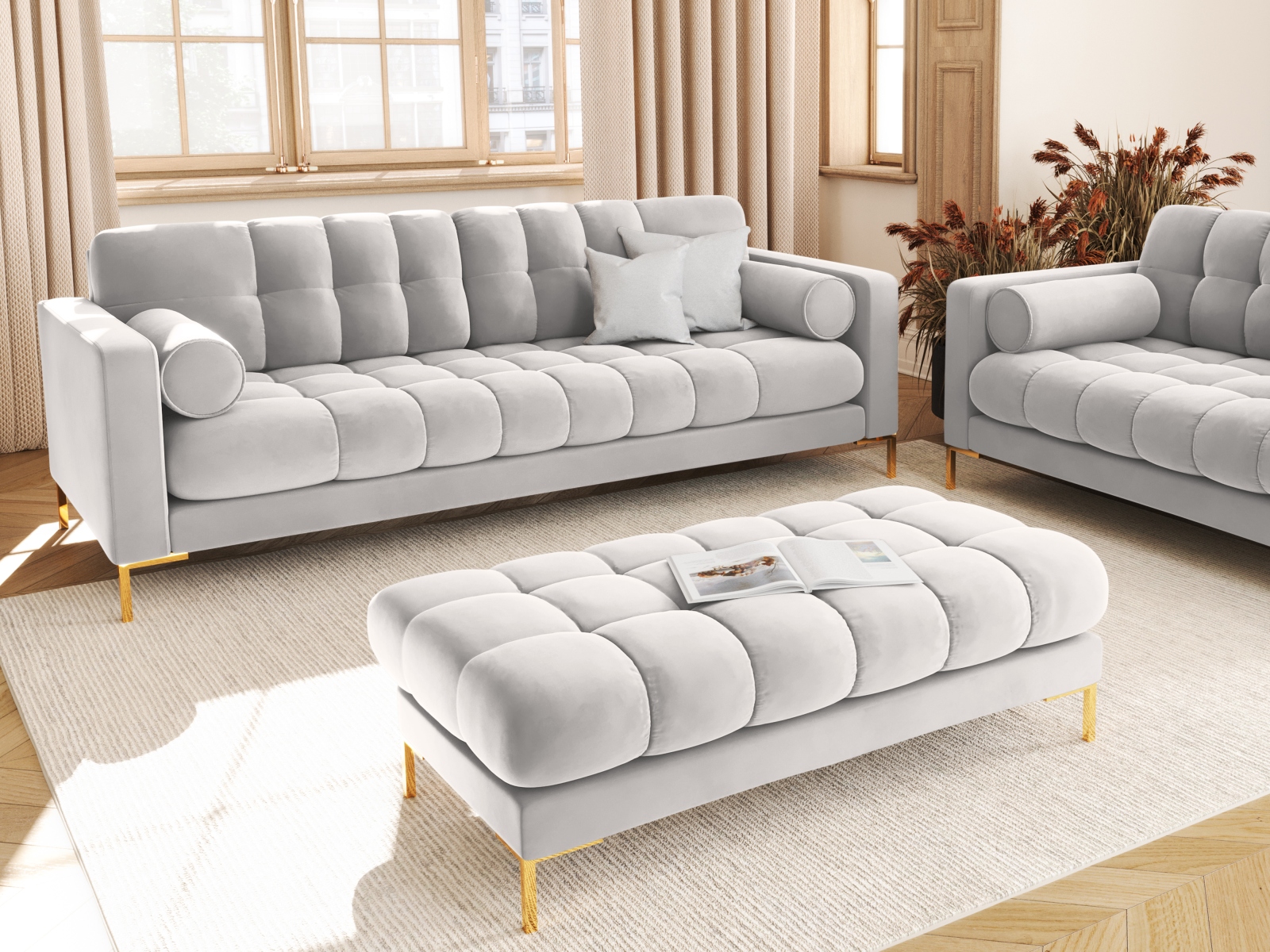 Cosmopolitan Design Sofa Bali 4-Sitzer Samt Bluvel Silber Beine Gold