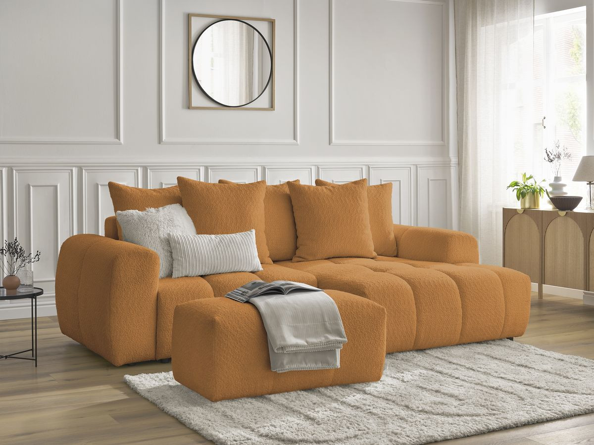 Bobochic Roxelane Ecksofa mit Schlaffunktion und Bettkasten und Pouf 258 × 150 cm Bouclé-Stoff Gelb Ecke rechts