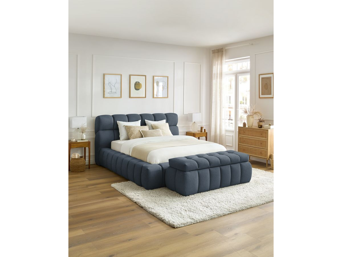 Bobochic Mont-blanc Polsterbett mit Bettkasten mit Bettbank Stoff Dunkelblau, Liegefläche 180 × 200 cm