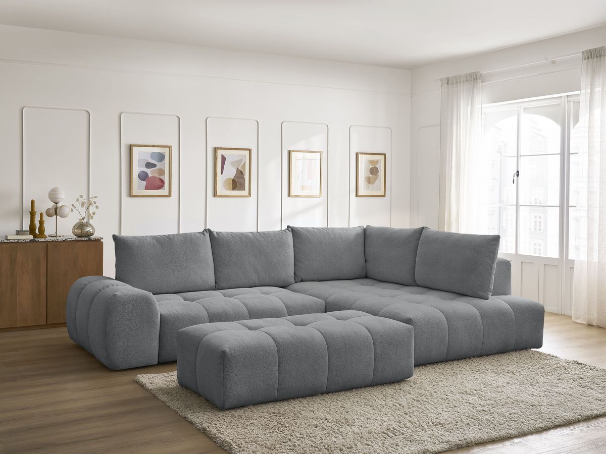 Bobochic Everest Ecksofa mit Schlaffunktion und Bettkasten und Pouf 320 × 212 cm, 10 Kissen Melange-Stoff Dunkelgrau Ecke rechts