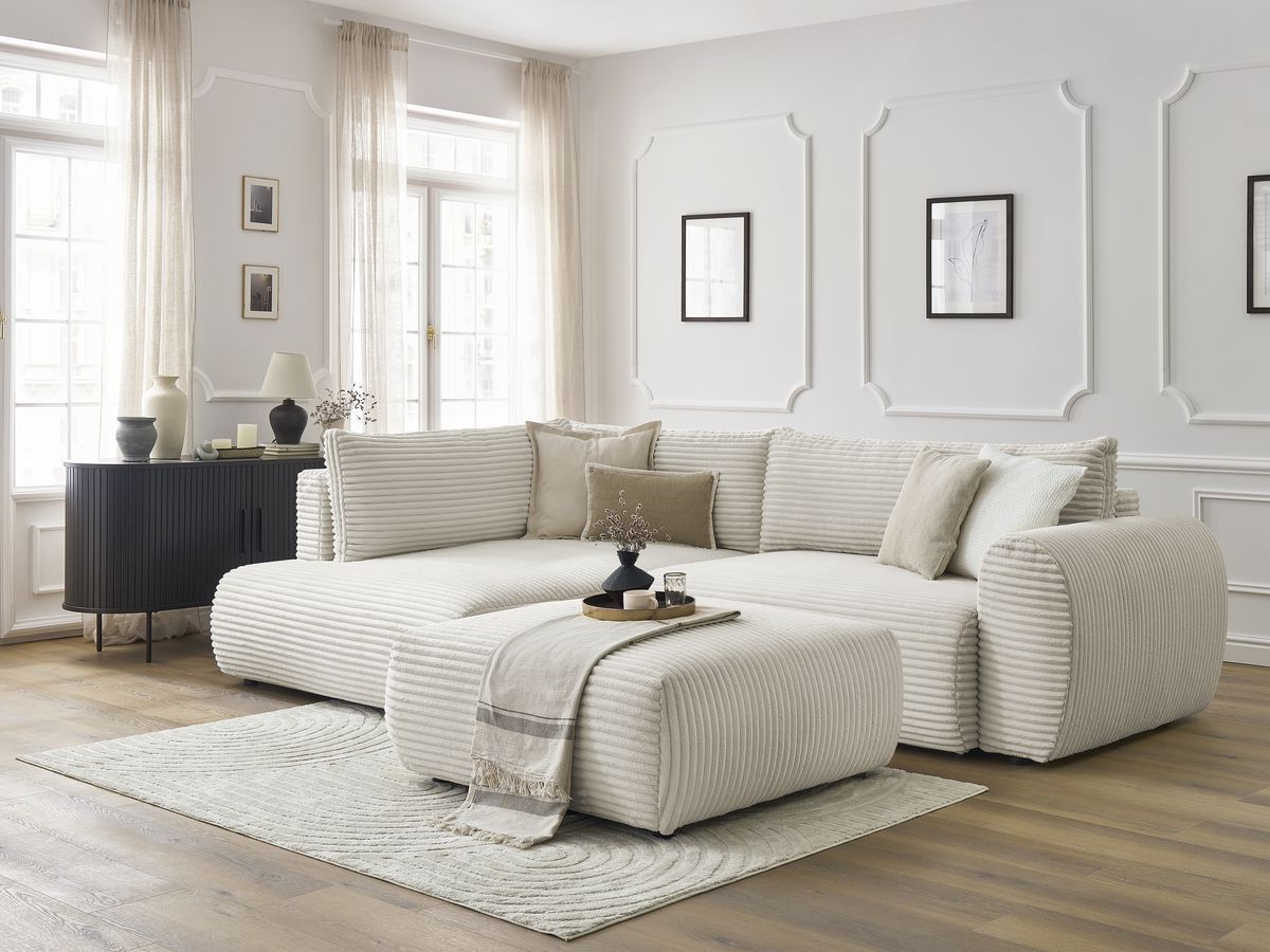 Bobochic Lucien Ecksofa mit Schlaffunktion und Bettkasten und Pouf 296 × 198 cm Breitcord weich Beige Ecke links