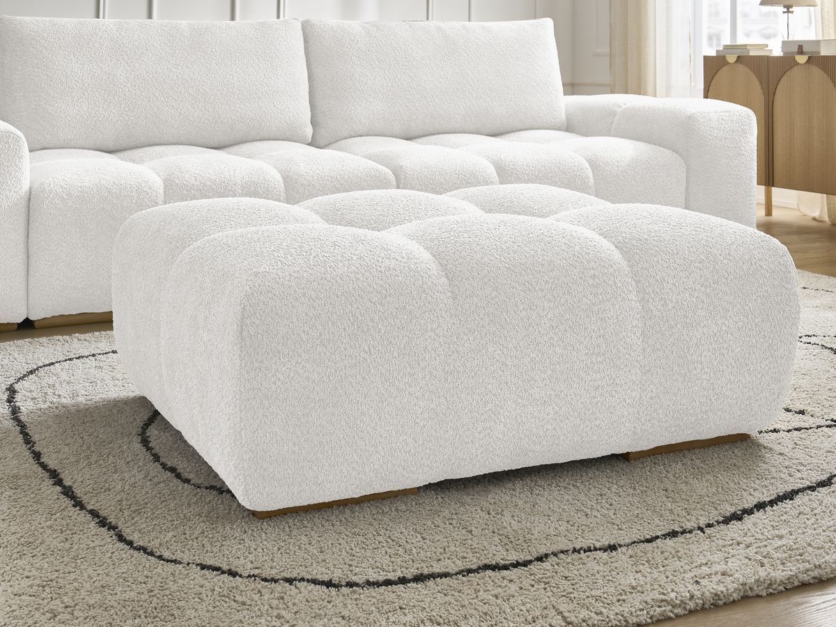 Bobochic Anakin Sofa 3-Sitzer mit Pouf, 2 Kissen Bouclé-Stoff Weiß
