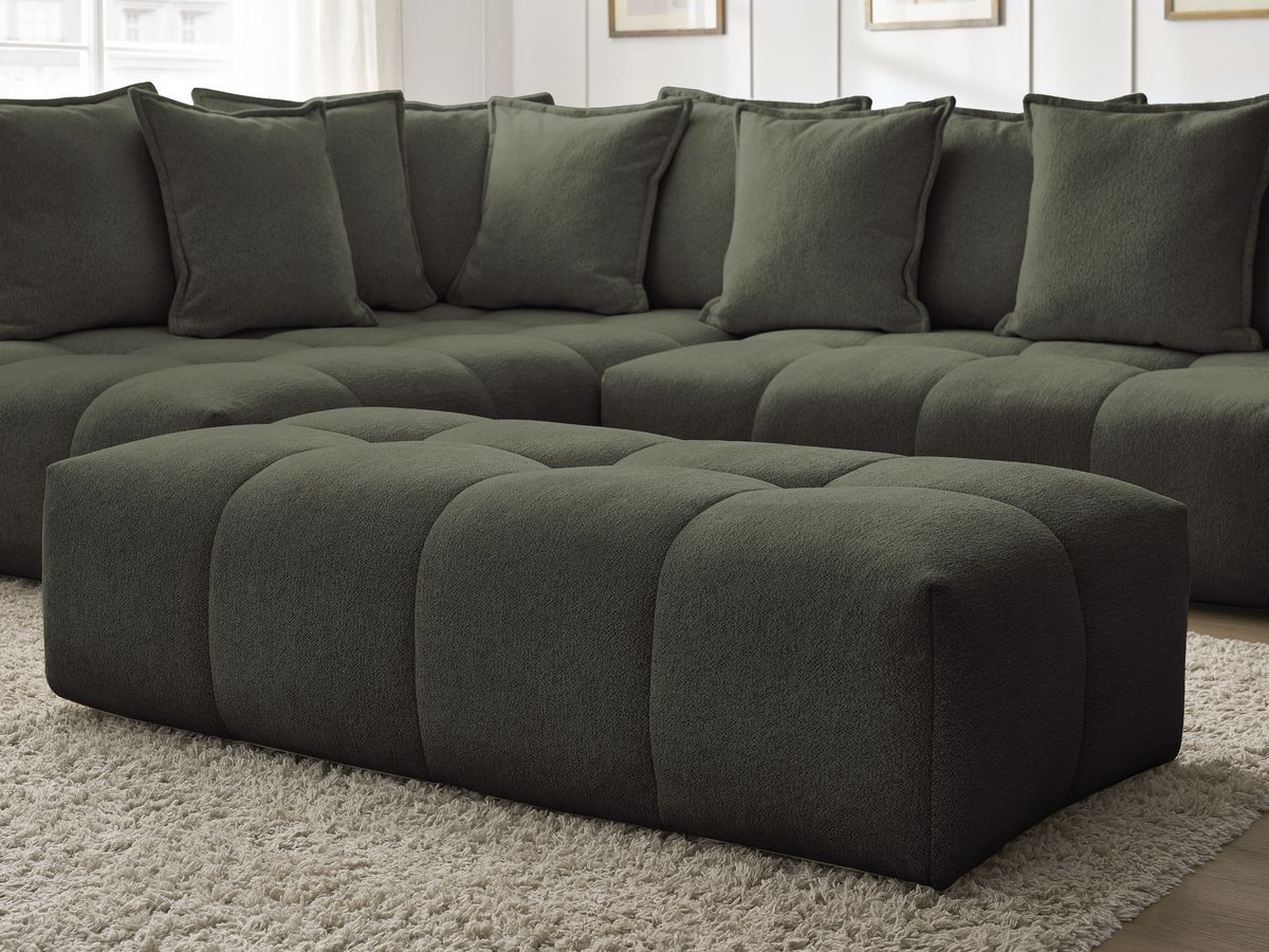 Bobochic Everest Ecksofa mit Schlaffunktion und Bettkasten und Pouf 320 × 212 cm, 10 Kissen Melange-Stoff Grün Ecke links