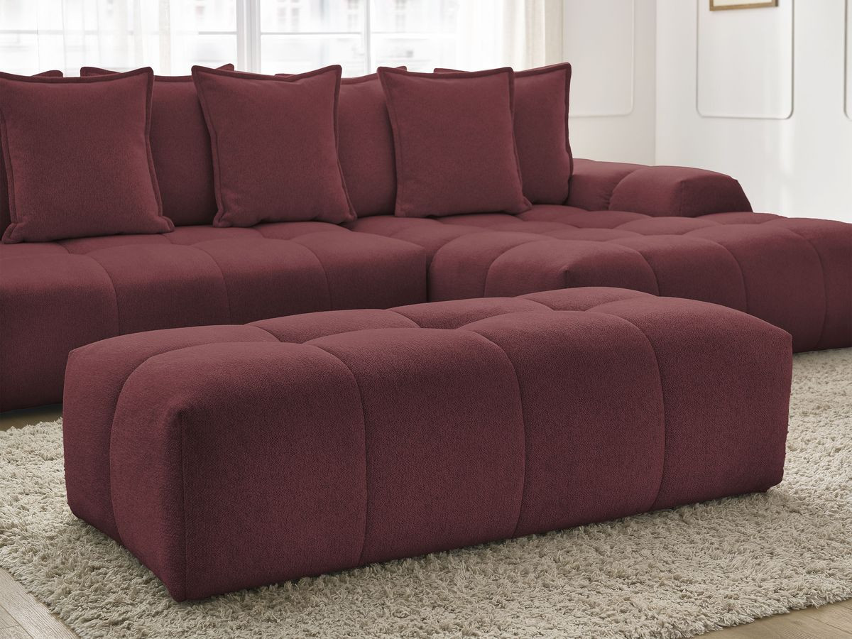 Bobochic Everest Ecksofa mit Schlaffunktion und Bettkasten und Pouf 318 × 180 cm, 7 Kissen Melange-Stoff Rot Ecke rechts