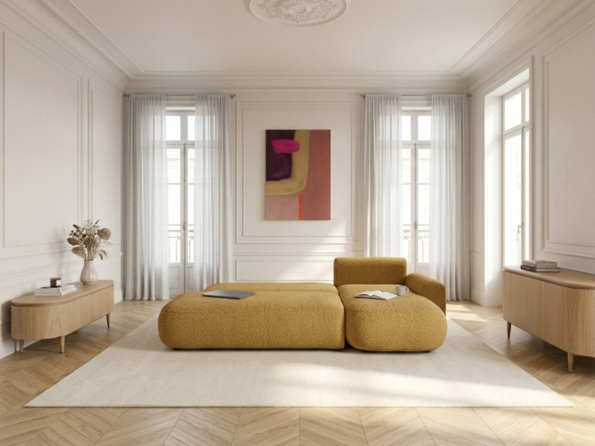Bobochic Tango Ecksofa mit Schlaffunktion und Bettkasten Bouclé-Stoff Gelb Ecke rechts