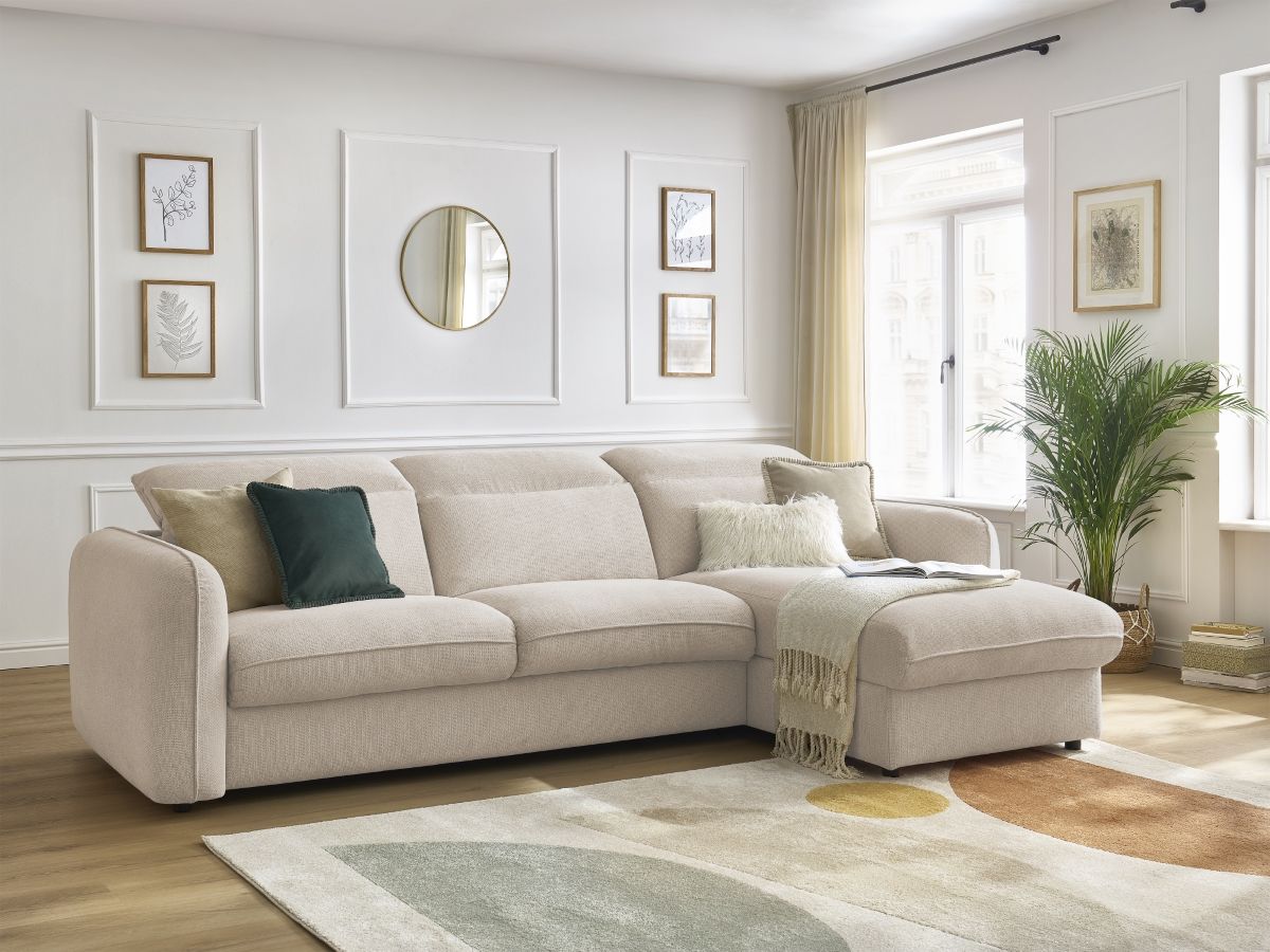 Bobochic Achille Ecksofa mit Schlaffunktion und Bettkasten Melange-Stoff Beige, Liegefläche 160 × 200 cm