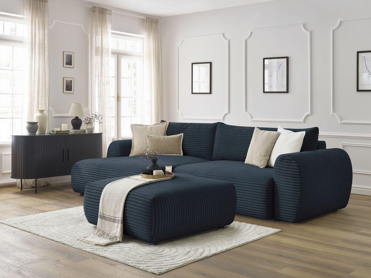 Bobochic Lucien Ecksofa mit Schlaffunktion und Bettkasten und Pouf 314 × 167 cm Breitcord weich Dunkelblau Ecke links