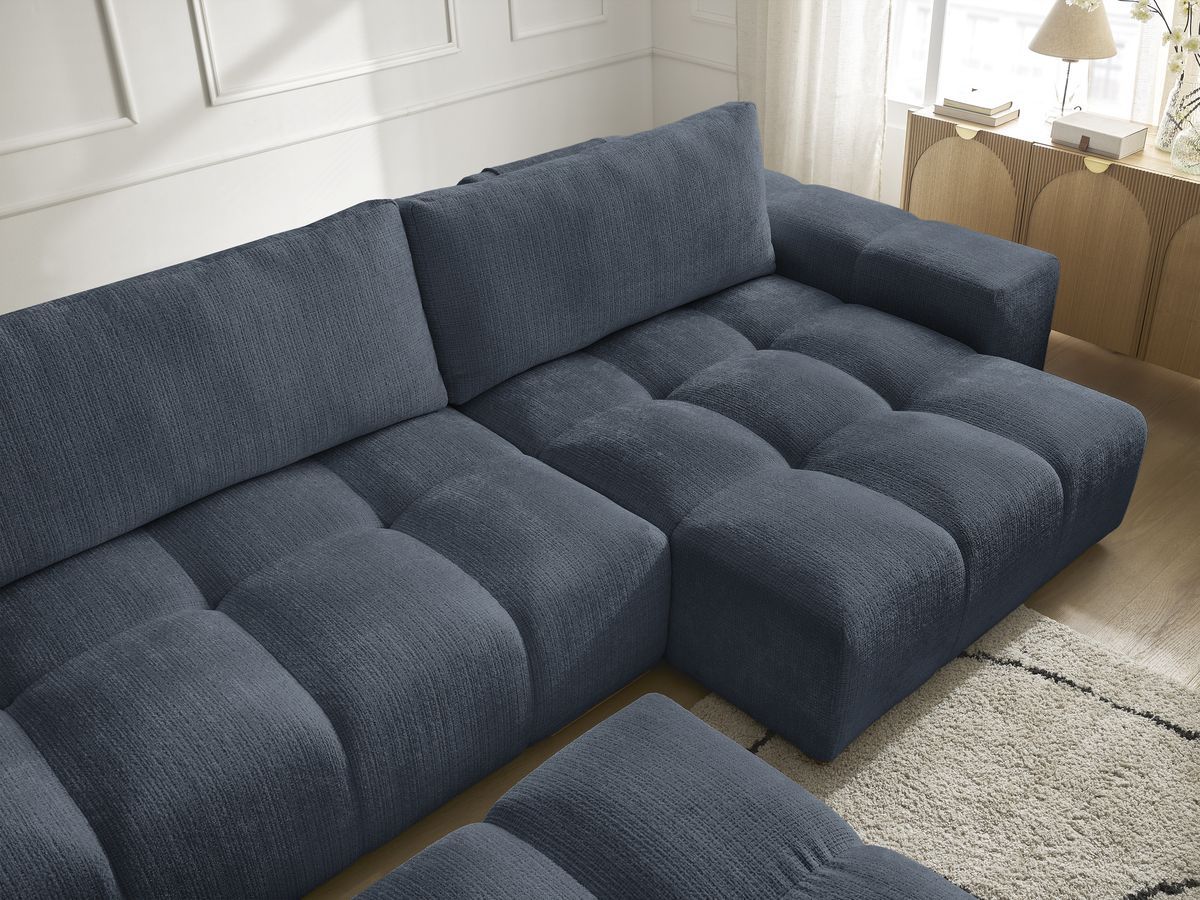 Bobochic Anakin Wohnlandschaft mit Pouf, Liegefläche 137 × 382 cm, 3 Kissen Strukturstoff Dunkelblau